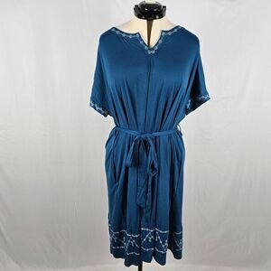 Bloomchic Dress Women's 1X Blue Embordered White Trim Midi Fit & Flare Belt NWT